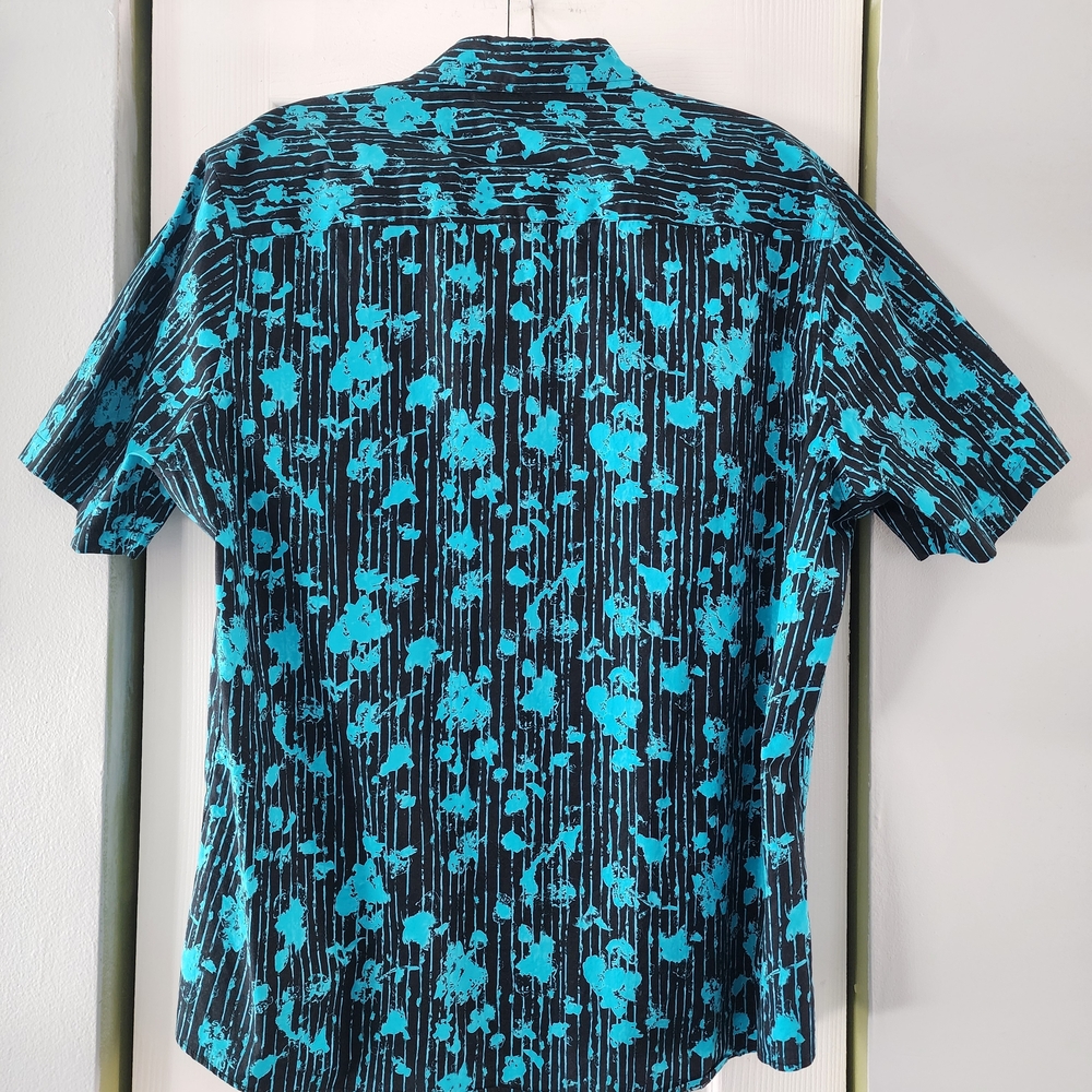 Boho Resortwear Men's Short-Sleeve Black & Teal Printed Button-Up Shirt